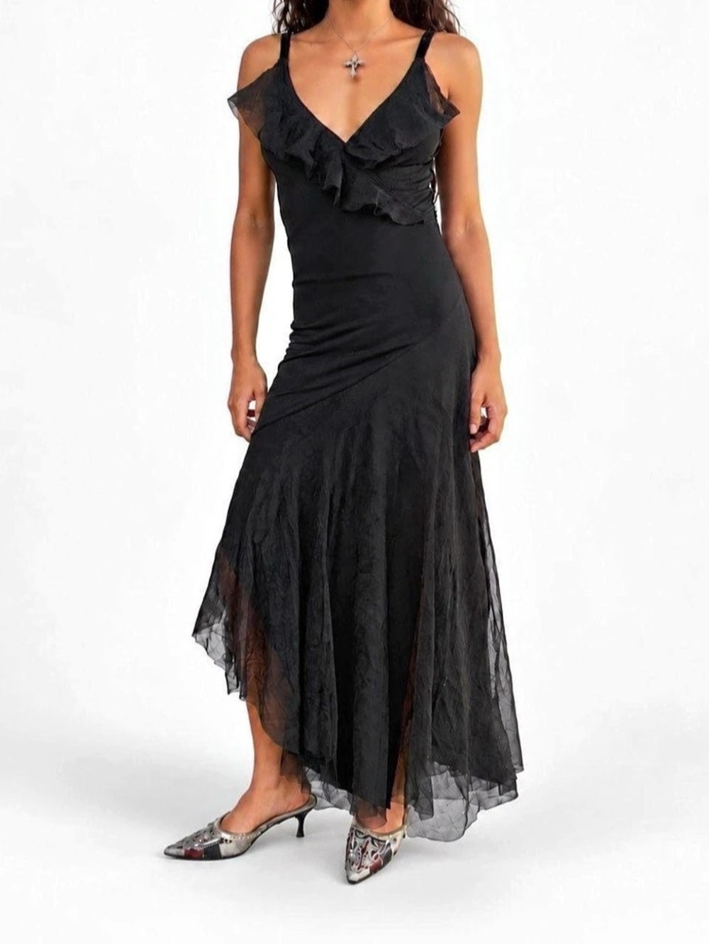Vintage BEBe Ruffle Tulle Maxi Dress Black